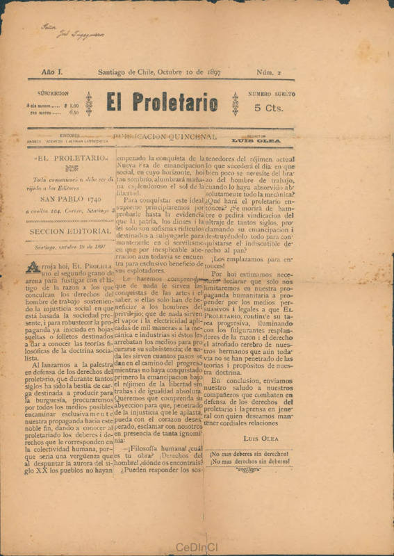 El Proletario. Publicación quincenal nº 2