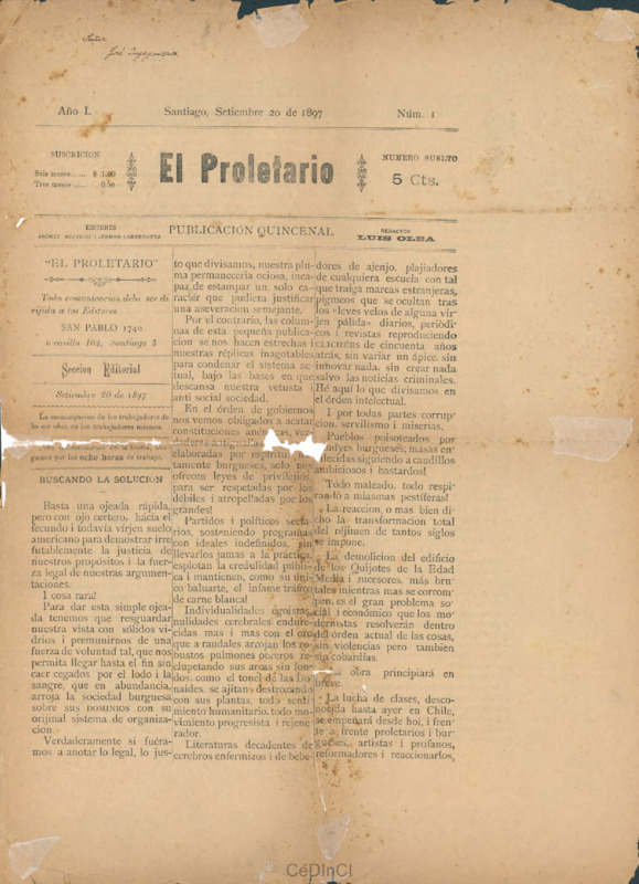 El Proletario. Publicación quincenal nº 1