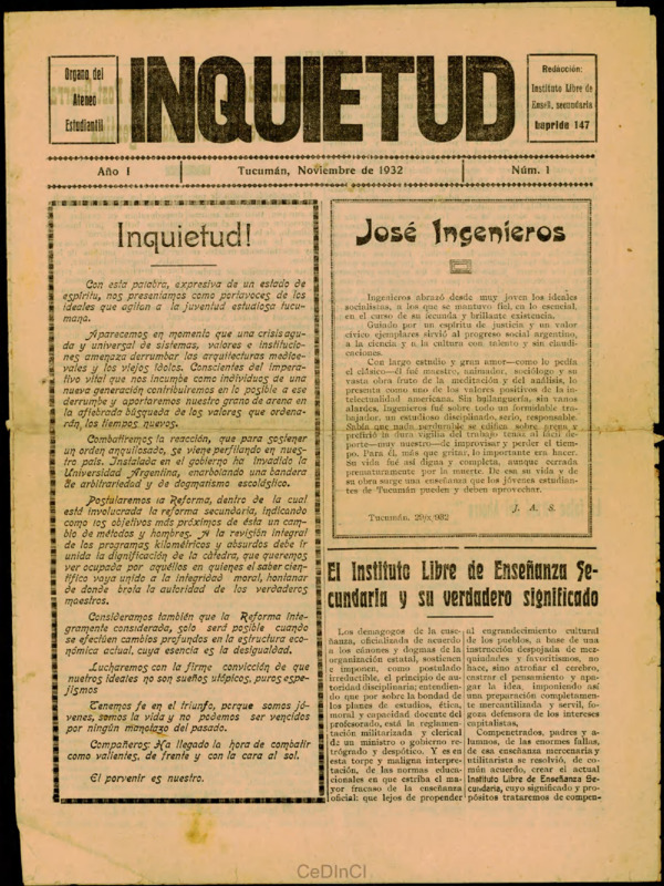 Inquietud. Órgano del Ateneo Estudiantil nº 1