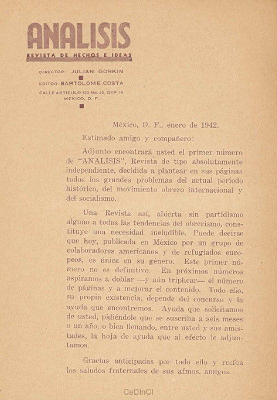 Análisis. Revista de hechos e ideas. Boleta de suscripción nº 1